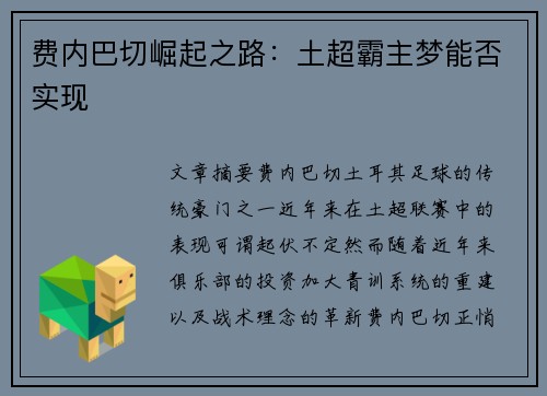 费内巴切崛起之路：土超霸主梦能否实现